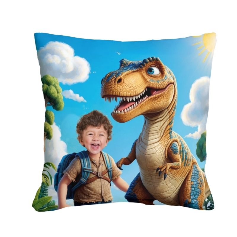Poduszka ze zdjęciem T-Rex – personalizowana poduszka z dinozaurem dla małego odkrywcy prehistorii. Dodaj zdjęcie i (opcjonalnie) imię!