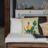 Poduszka ze zdjęciem Dinuś – personalizowana poduszka z motywem dinozaurów, idealna dla małego odkrywcy prehistorii.