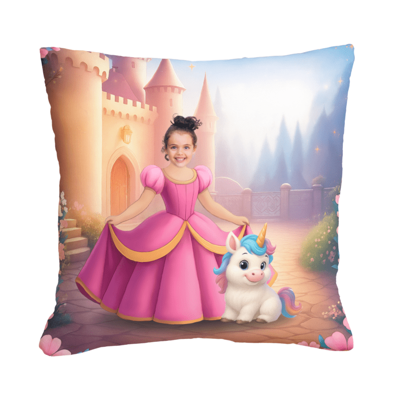 Poduszka ze zdjęciem księżniczka i jednorożec personalizowana z imieniem dziecka