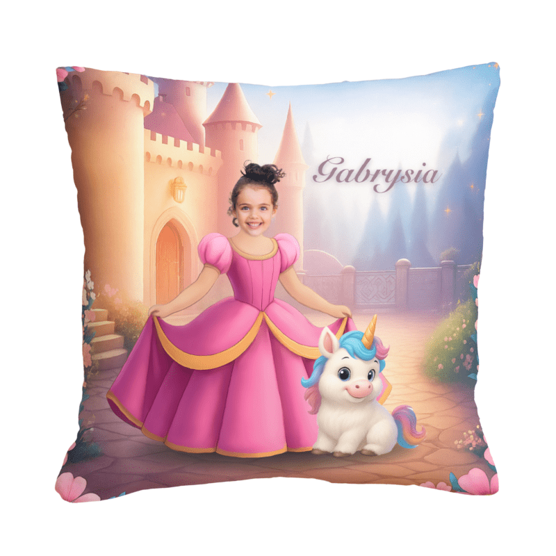 Poduszka ze zdjęciem księżniczka i jednorożec personalizowana z imieniem dziecka