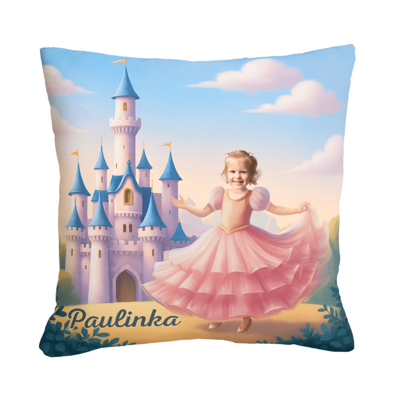 Poduszka ze zdjęciem Zamek Księżniczki – personalizowana poduszka z imieniem dziecka