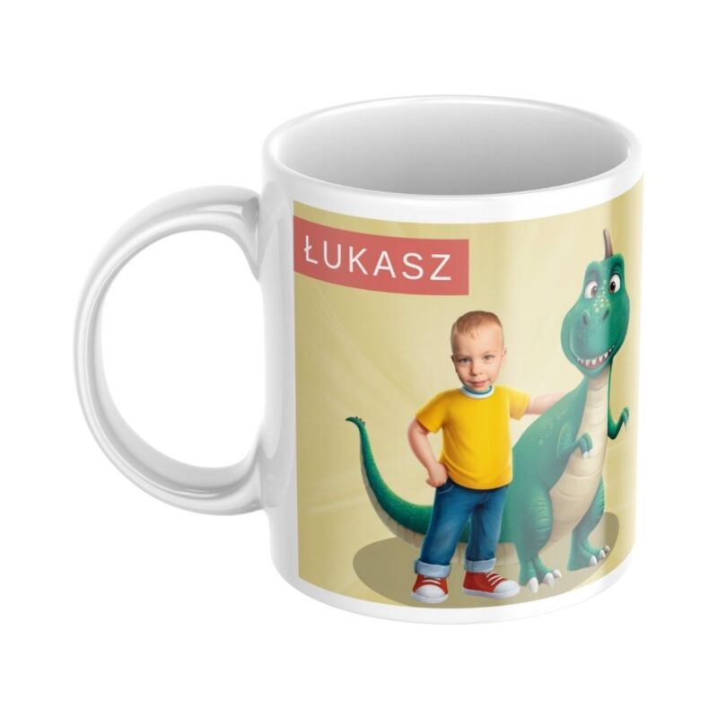 kubek dinozaur ze zdjęciem dziecka na żółtym tle