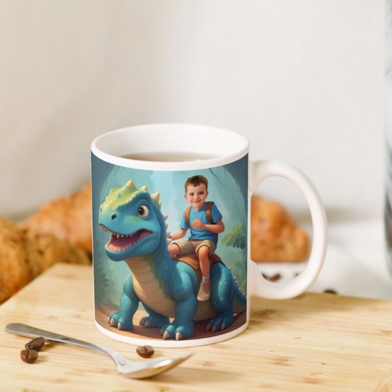 bajkowy personalizowany kubek dinozaur ze zdjęciem dziecka