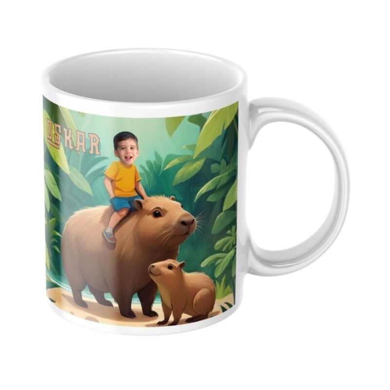 personalizowany kubek kapibary ze zdjęciem dziecka w tropikalnym motywie