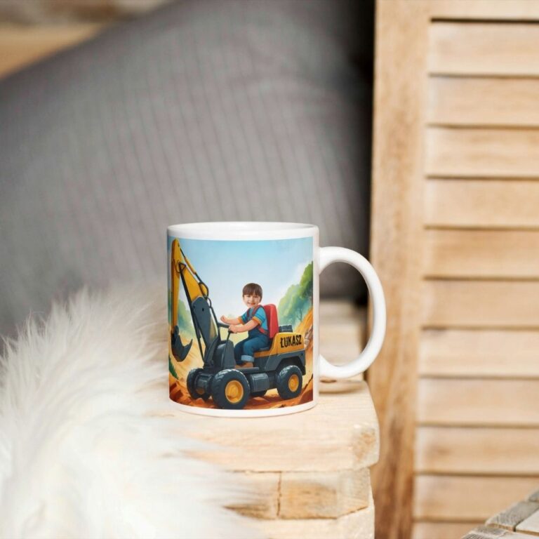 personalizowany kubek mała koparka z imieniem i zdjęciem dziecka
