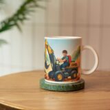 personalizowany kubek mała koparka z imieniem i zdjęciem dziecka