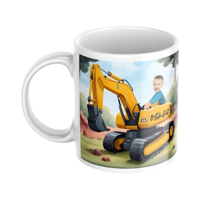 personalizowany kubek koparka ze zdjęciem dziecka i opcjonalnym imieniem na bajkowej grafice