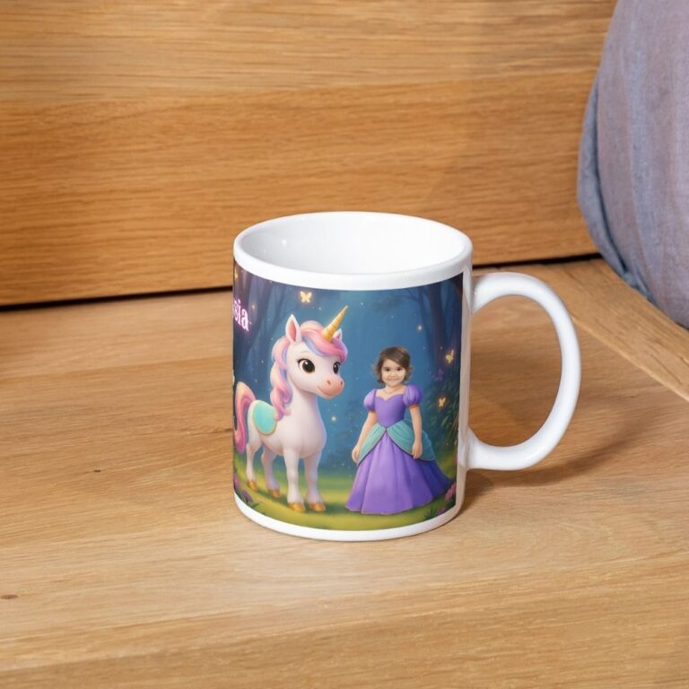 personalizowany kubek księżniczka ze zdjęciem dziecka i jednorożcem