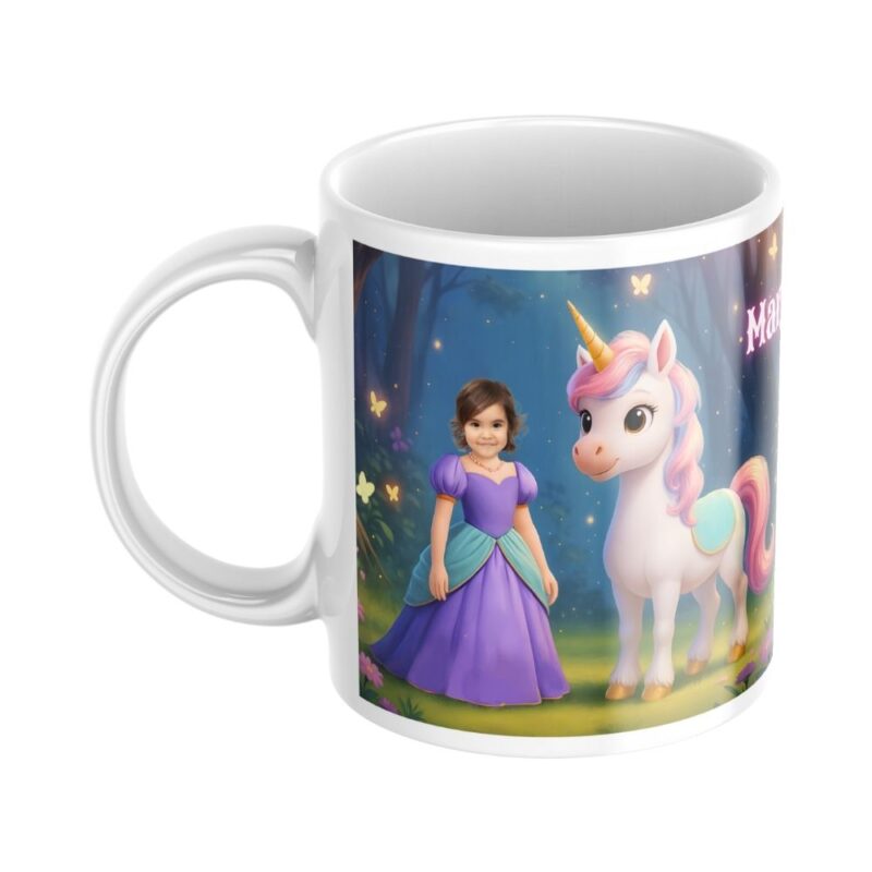 personalizowany kubek księżniczka ze zdjęciem dziecka i jednorożcem