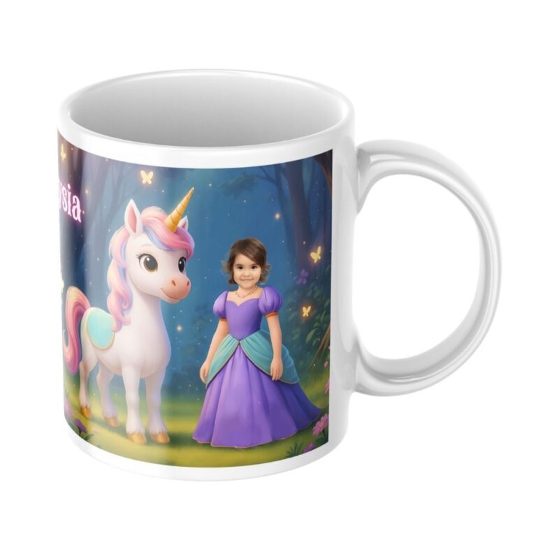 personalizowany kubek księżniczka ze zdjęciem dziecka i jednorożcem