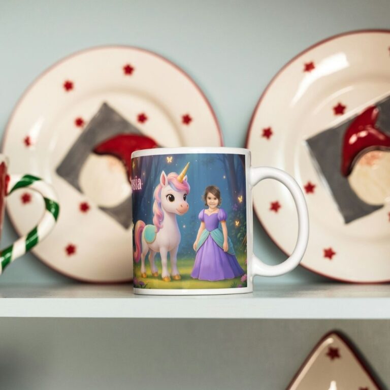 personalizowany kubek księżniczka ze zdjęciem dziecka i jednorożcem