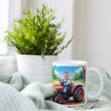 personalizowany kubek traktorek ze zdjęciem dziecka na farmie