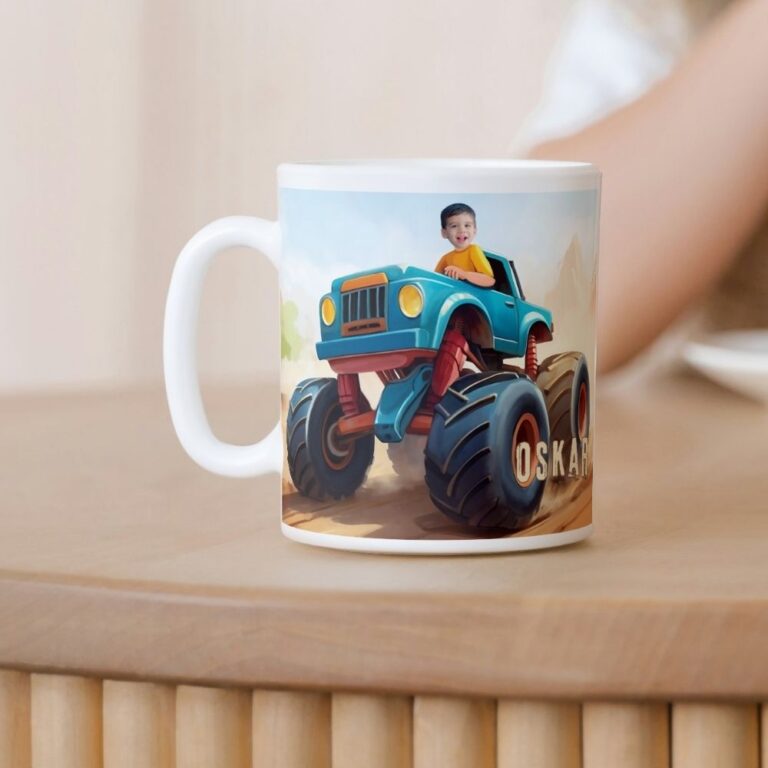 personalizowany kubek monster truck ze zdjęciem dziecka i opcjonalnym imieniem