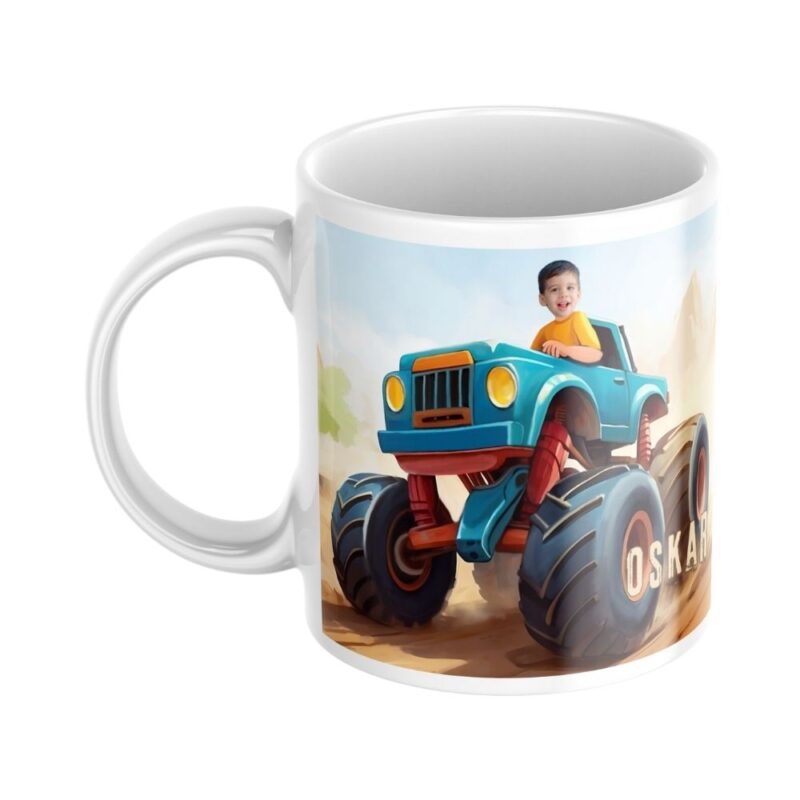personalizowany kubek monster truck ze zdjęciem dziecka i opcjonalnym imieniem