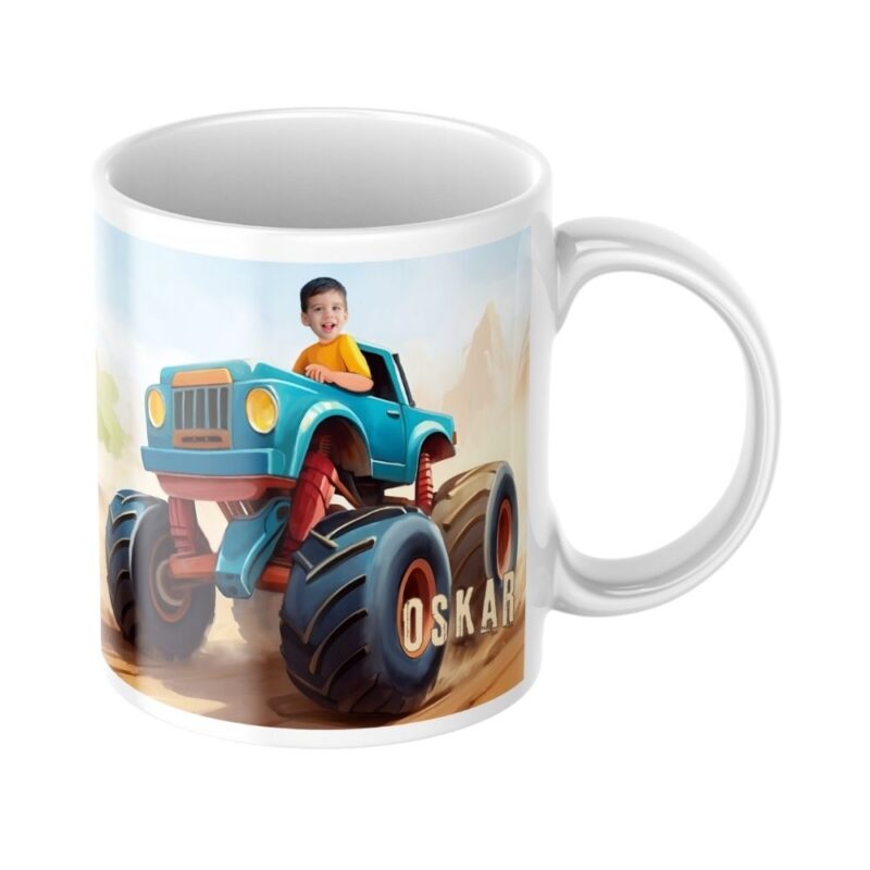 personalizowany kubek monster truck ze zdjęciem dziecka i opcjonalnym imieniem
