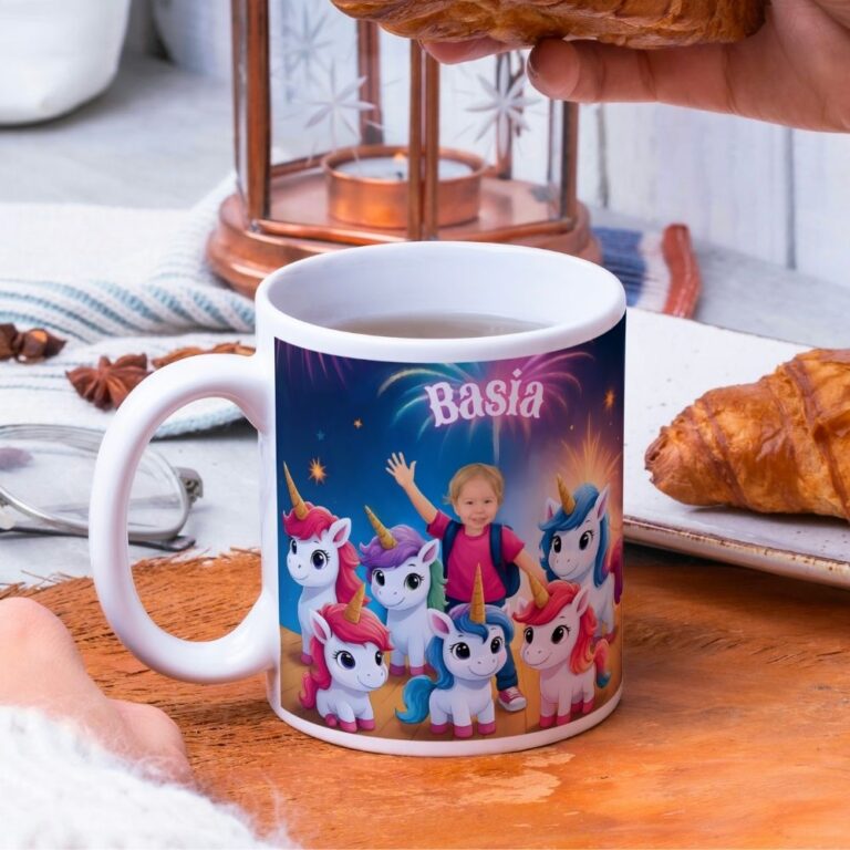 kubek z jednorożcami i zdjęciem dziecka noc jednorożców
