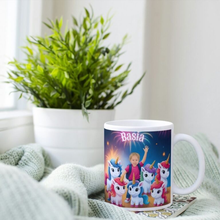 kubek z jednorożcami i zdjęciem dziecka noc jednorożców