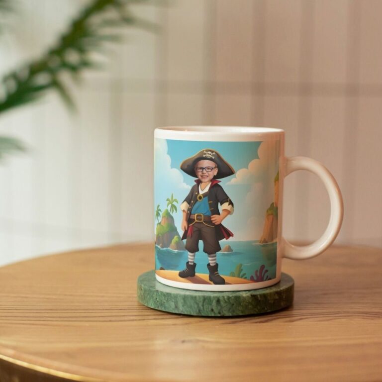 personalizowany kubek pirat ze zdjęciem dziecka w bajkowej scenerii