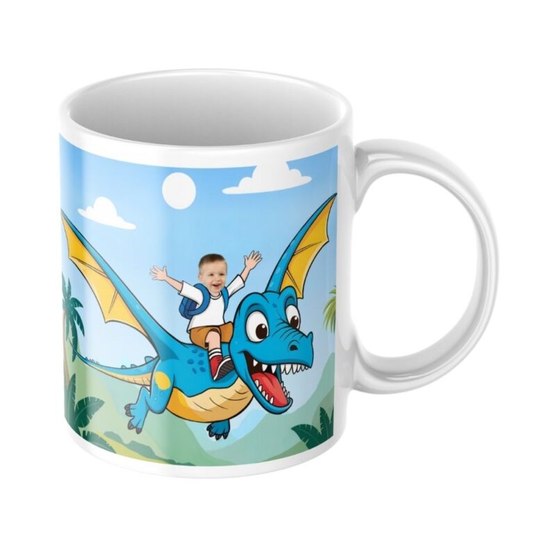 kubek pterodaktyl ze zdjęciem dziecka i imieniem jako prezent na urodziny