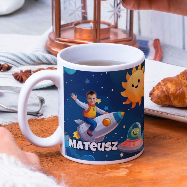 personalizowany kubek rakieta ze zdjęciem dziecka i opcjonalnym imieniem