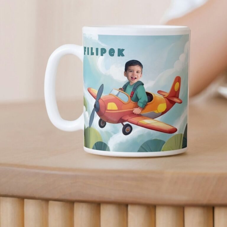personalizowany kubek samolot ze zdjęciem dziecka i opcjonalnym imieniem