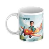 personalizowany kubek samolot ze zdjęciem dziecka i opcjonalnym imieniem