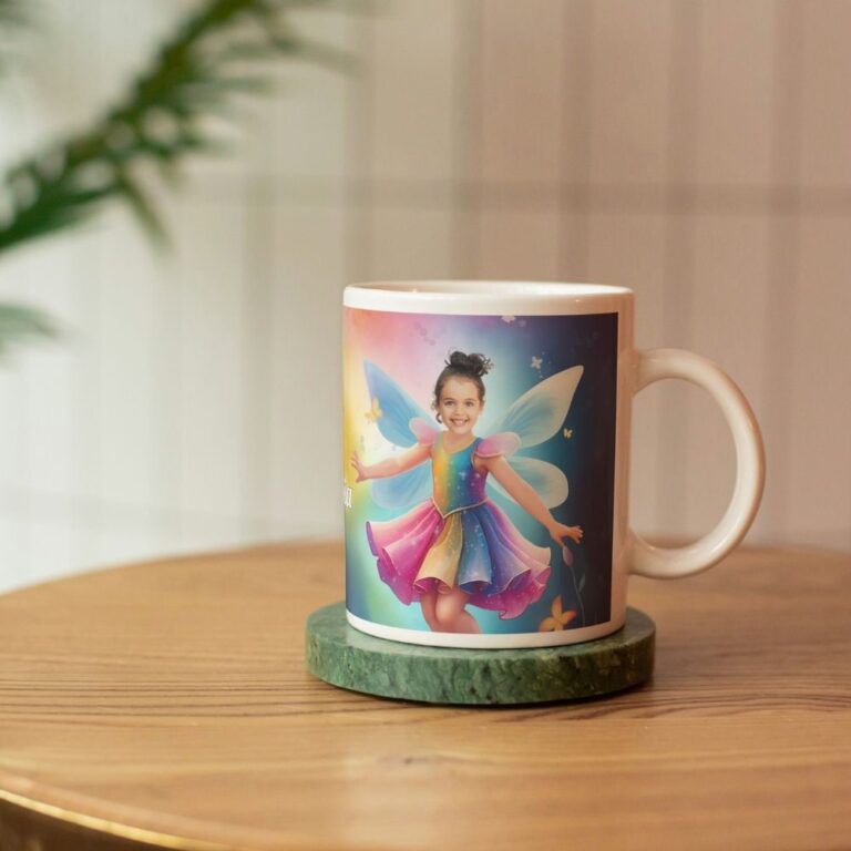 personalizowany kubek tęczowa wróżka ze zdjęciem dziecka