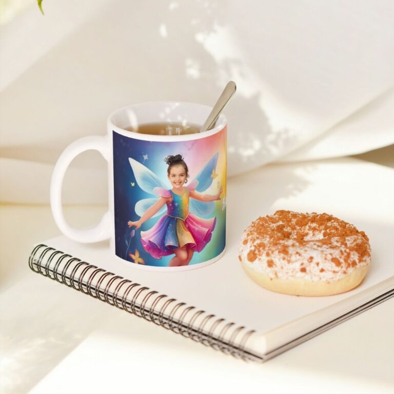 personalizowany kubek tęczowa wróżka ze zdjęciem dziecka