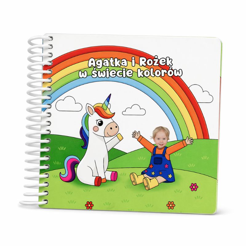 Personalizowana książeczka dla malucha Agatka i Rożek w świecie kolorów ze zdjęciem dziecka i tęczowym jednorożcem