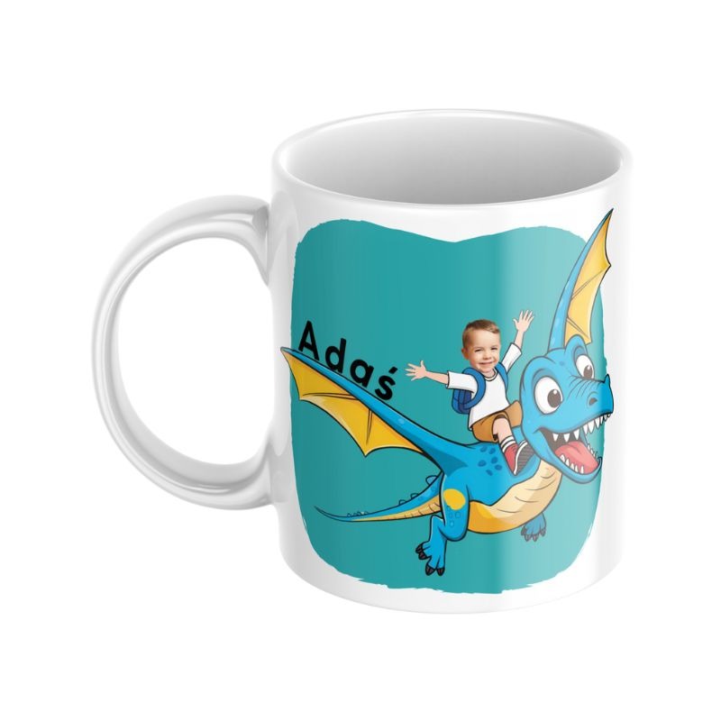 kubek pterodaktyl ze zdjęciem dziecka i imieniem jako prezent na urodziny