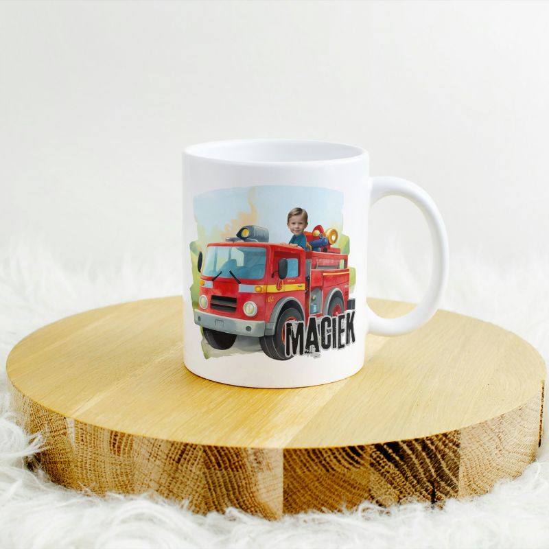 PERSONALIZOWANY KUBEK ZE ZDJECIEM WÓZ STRAŻACKI PREZENT NA DZIEN CHŁOPAKA, URODZIY CZY ŚWIĘTA, CERAMICZNY LUB PLASTIKOWY