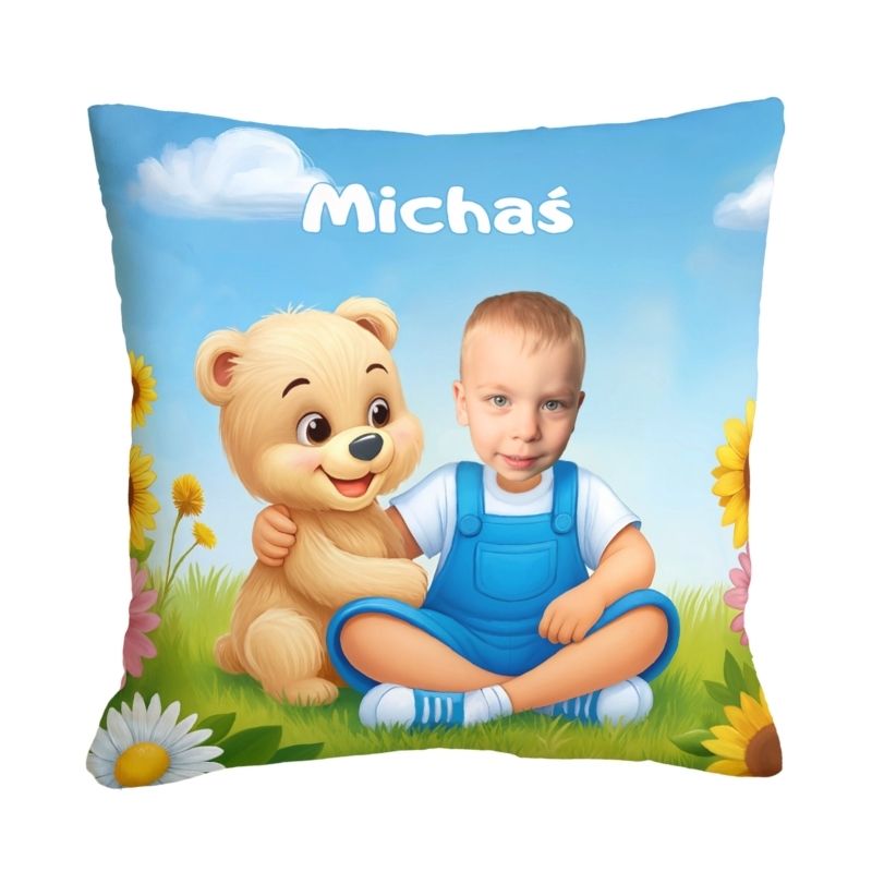 Poduszka ze zdjęciem misiek personalizowana z imieniem dziecka