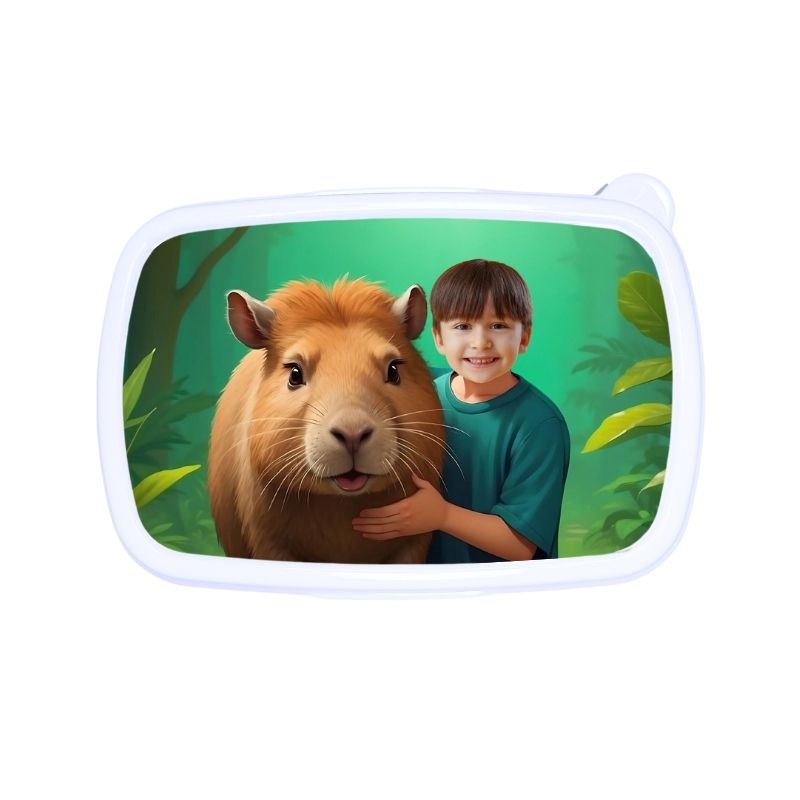 Śniadaniówka personalizowana Capibara z bajkową grafiką i twarzą Twojego dziecka. Dostępna w kolorze białym, niebieskim lub różowym!