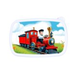 Śniadaniówka personalizowana POCIĄG z bajkową grafiką i twarzą Twojego dziecka. Dostępna w kolorze białym, niebieskim lub różowym!