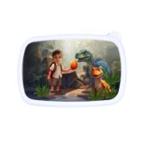 Śniadaniówka personalizowana DINOZAURY z bajkową grafiką i twarzą Twojego dziecka. Dostępna w kolorze białym, niebieskim lub różowym!