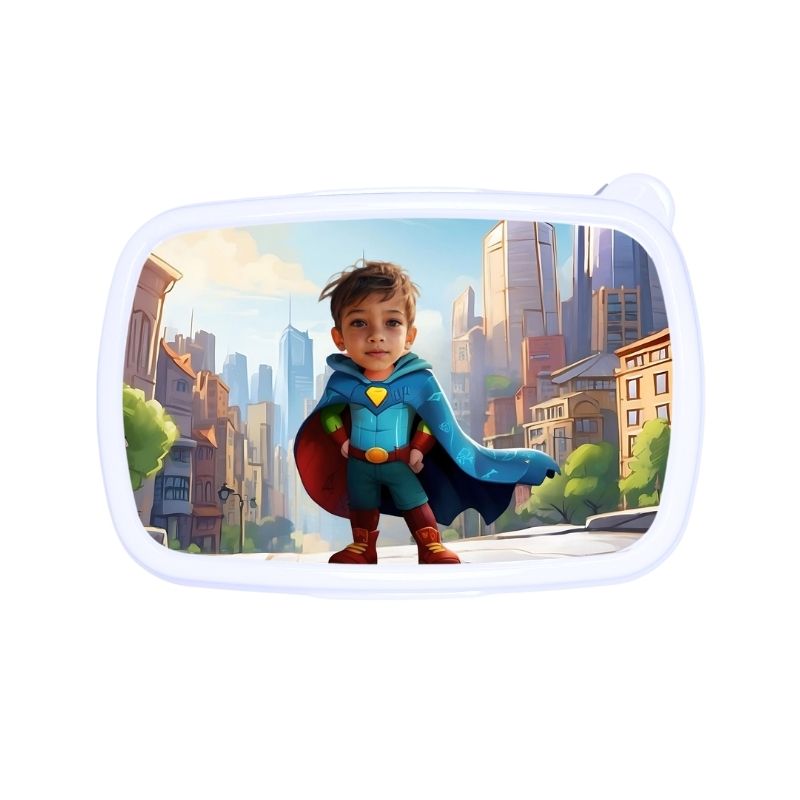 Śniadaniówka personalizowana SUPERBOHATER z bajkową grafiką i twarzą Twojego dziecka. Dostępna w kolorze białym, niebieskim lub różowym!
