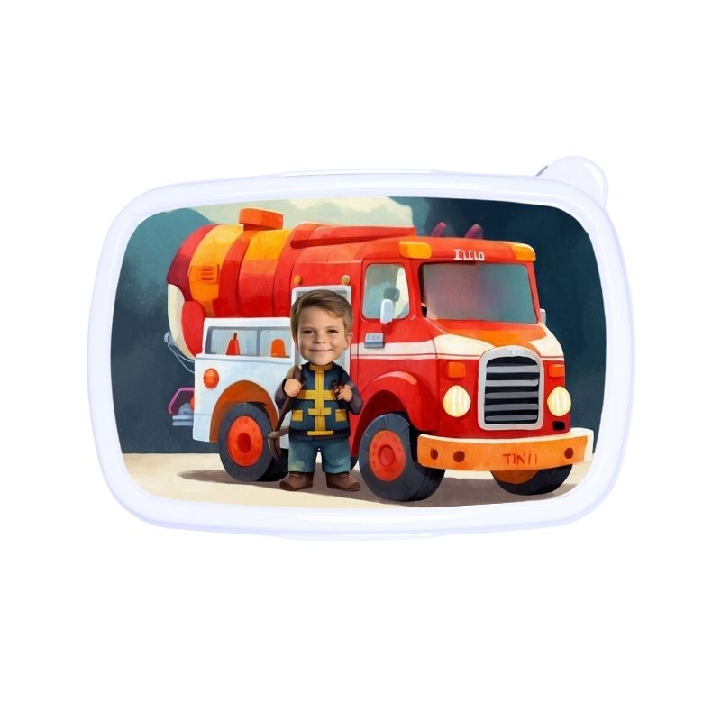 Śniadaniówka personalizowana WÓZ STRAŻACKI z bajkową grafiką i twarzą Twojego dziecka. Dostępna w kolorze białym, niebieskim lub różowym!