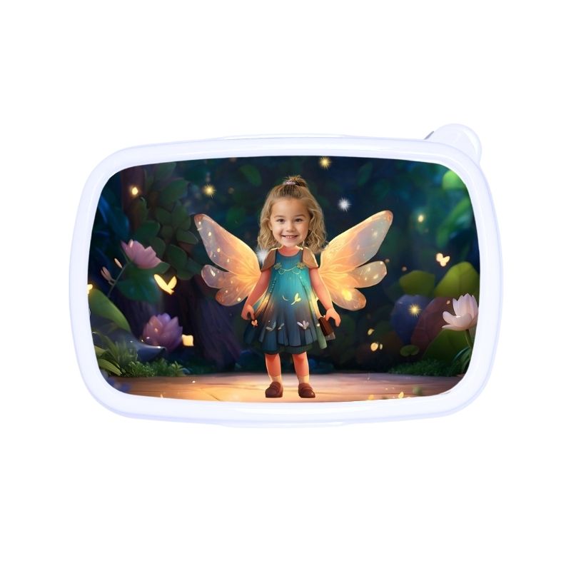 Śniadaniówka personalizowana WRÓŻKA z bajkową grafiką i twarzą Twojego dziecka. Dostępna w kolorze białym, niebieskim lub różowym!