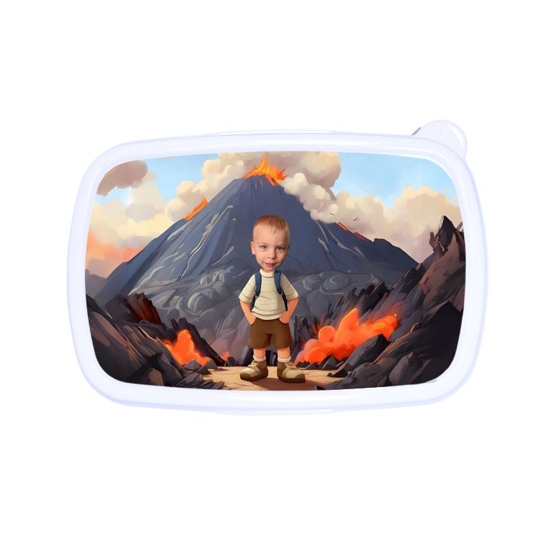 Śniadaniówka personalizowana WULKAN z bajkową grafiką i twarzą Twojego dziecka. Dostępna w kolorze białym, niebieskim lub różowym!