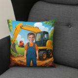 poduszka ze zdjęciem dziecka i żółtą koparką w bajkowej scenerii na placu budowy