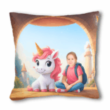 Personalizowana poduszka Wieża Jednorożców – dziecko i jednorożec siedzą na szczycie magicznej wieży, idealny prezent dla dziewczynki.