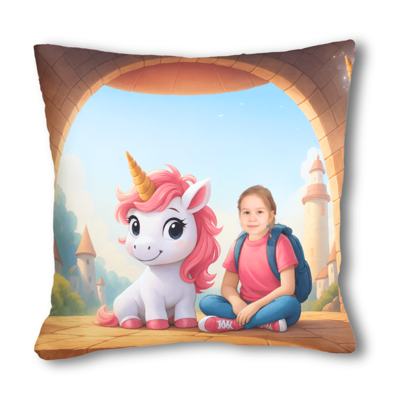 Personalizowana poduszka Wieża Jednorożców – dziecko i jednorożec siedzą na szczycie magicznej wieży, idealny prezent dla dziewczynki.
