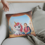 Personalizowana poduszka Wieża Jednorożców – dziecko i jednorożec siedzą na szczycie magicznej wieży, idealny prezent dla dziewczynki.
