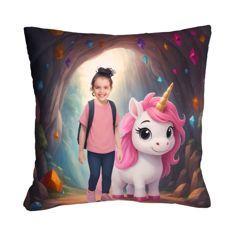 Poduszka z jednorożcem i zdjęciem. Personalizowana poduszka Jednorożec z imieniem, z grafiką z książki "W Krainie Jednorożców", zdjęciem dziecka i bajkowym motywem.