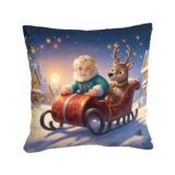 Poduszka personalizowana Sanie Mikołaja – unikalny prezent na Mikołajki lub Boże Narodzenie, łączący świąteczny motyw sań z osobistym zdjęciem dziecka.