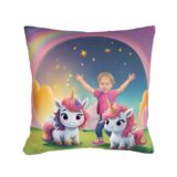 Personalizowana poduszka Polana Jednorożców – zdjęcie dziecka z bajkowym motywem jednorożców, tęczą i gwiazdami.