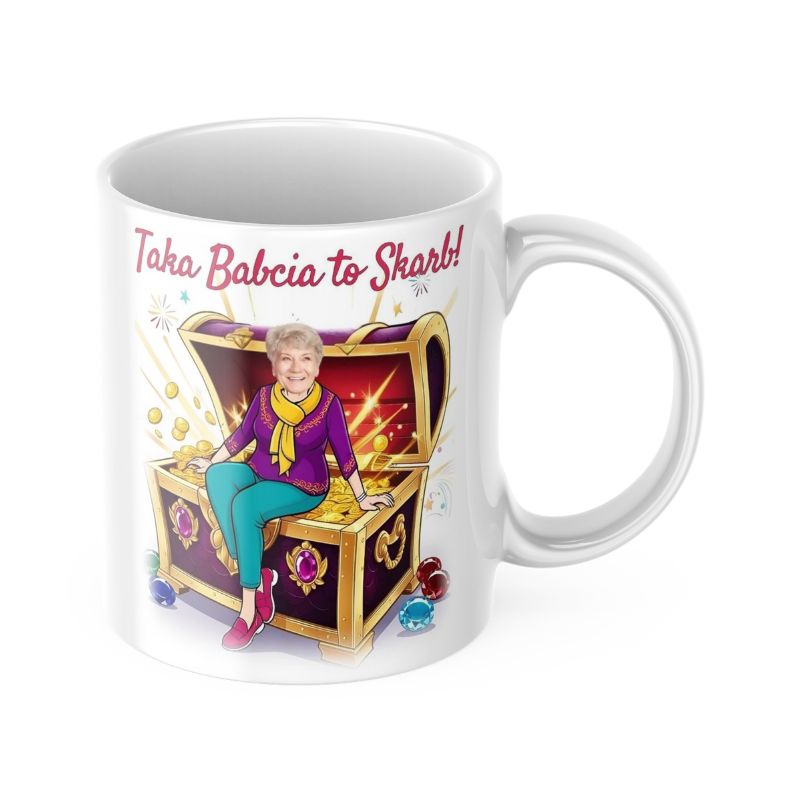 Kubek Taka Babcia to Skarb z kolorową grafiką skrzyni pełnej skarbów i miejscem na zdjęcie Babci. Idealny personalizowany prezent na Dzień Babci.