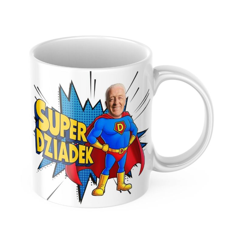 Kubek Super Dziadek z grafiką superbohatera i możliwością personalizacji zdjęciem. Idealny prezent na Dzień Dziadka.