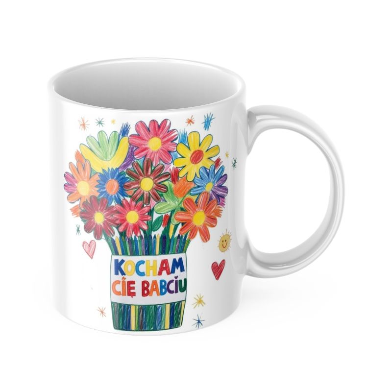 Kubek Laurka Kwiaty Kocham Cię Babciu z rysunkami kolorowych kwiatów w wazonie i napisem. Idealny prezent na Dzień Babci, pełen ciepła i radości.