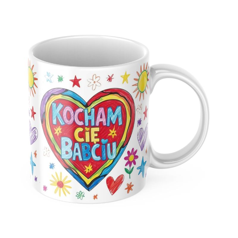 Kubek Kocham Cię Babciu z kolorową grafiką serca i dziecięcymi rysunkami. Idealny prezent na Dzień Babci.